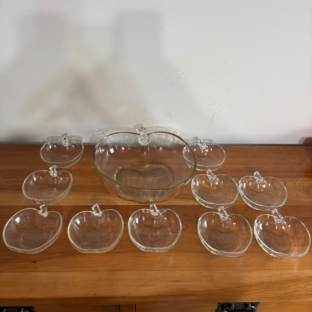 Hazel Atlas Clear Glass Apple Shape Serving Set 11pc Large Bowl 10 Small Bowls